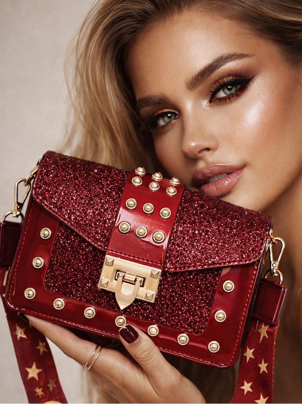 Red Studded Glitter Crossbody Bag